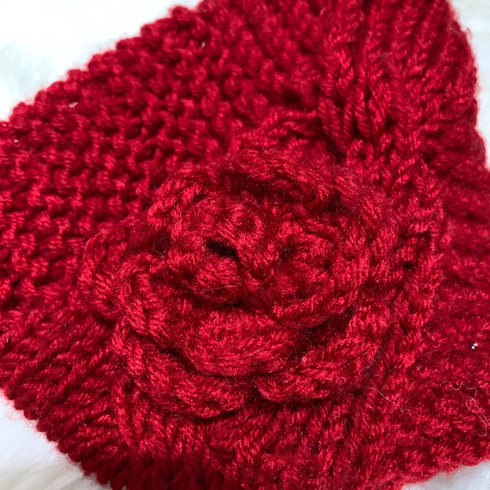 💙 Red Knit Ear Warmer Headband w/ Flower - Picture 3 of 5